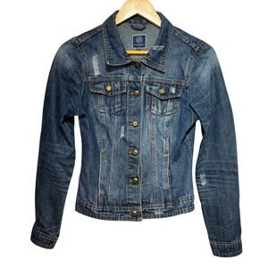 BoomBoom Jeans Women’s Size L Distressed Denim Jacket Fitted 100% Cotton
